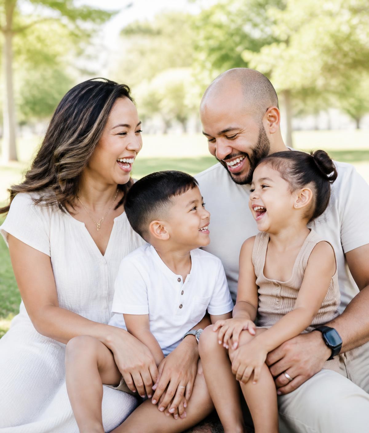 A family of four laughing together outdoors